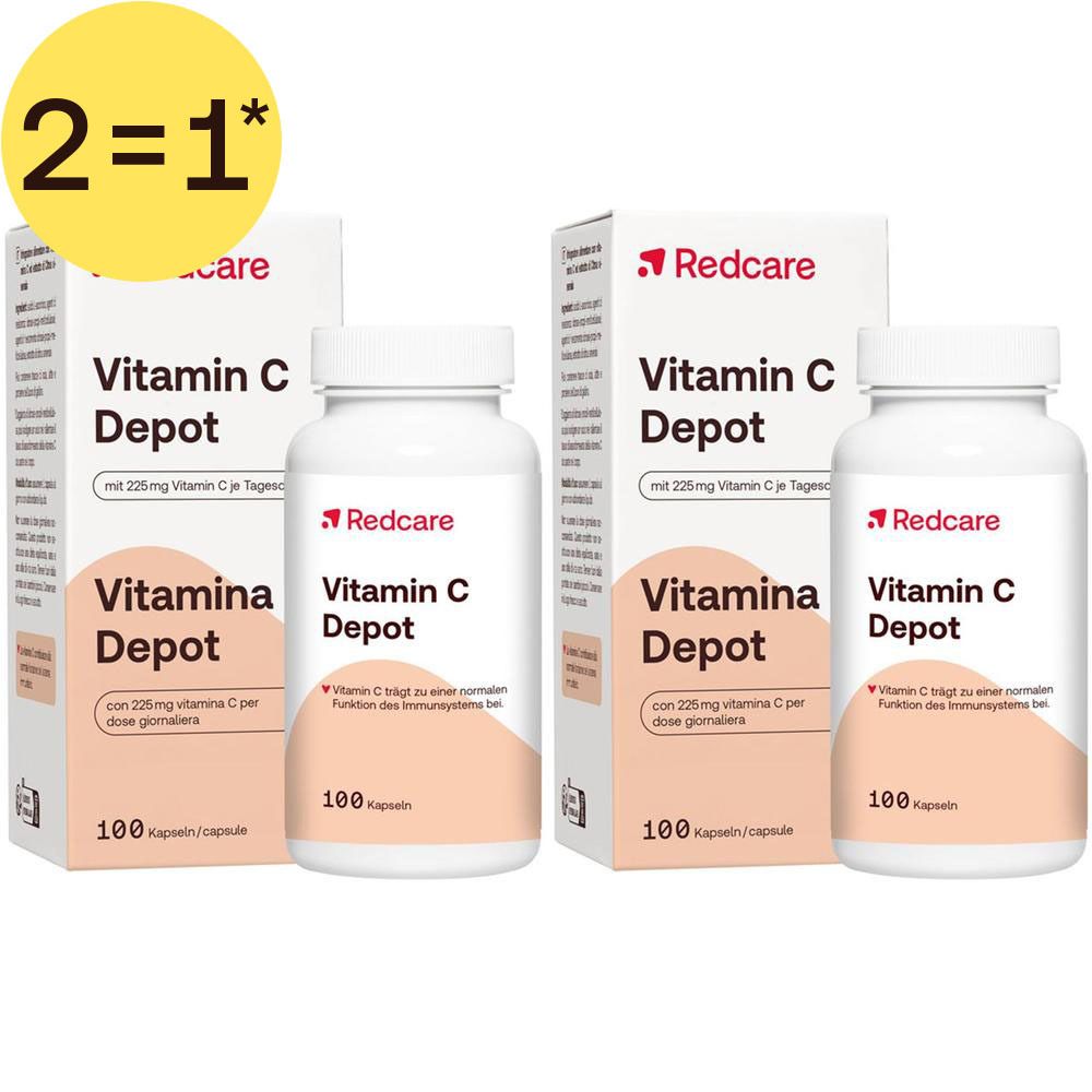 Deux boîtes et une bouteille de Redcare Vitamine C Depot, chacune contenant 100 gélules.