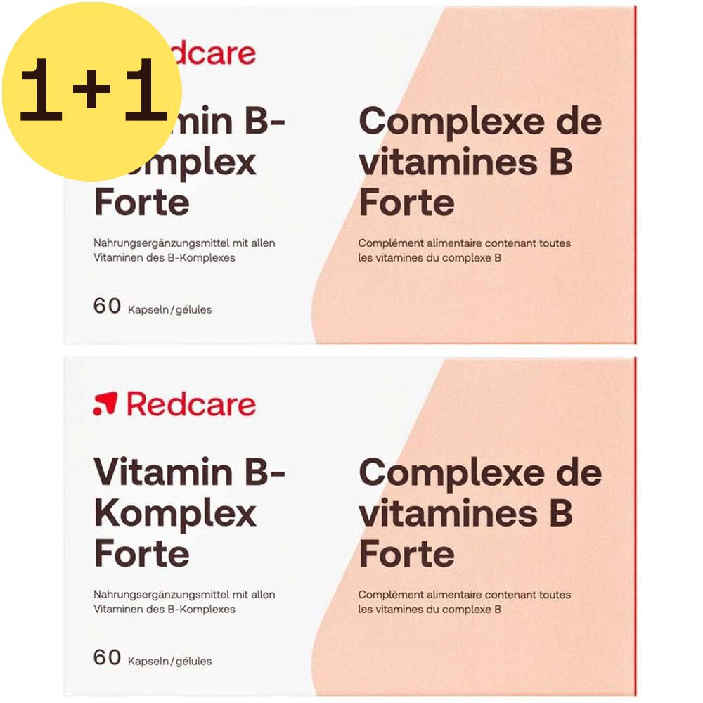 Deux boîtes de Redcare Vita Vitamin B-Komplex Forte. Boîtes blanches avec accents violets. Inscription: Vitamin B-Komplex Forte, 60 gélules.