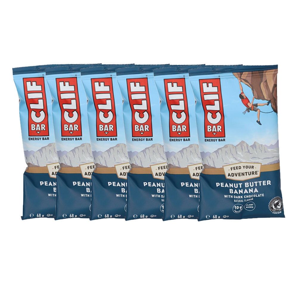 Six barres CLIF Bar, beurre de cacahuète banane avec chocolat noir. Emballage bleu avec motif de montagne et grimpeur.