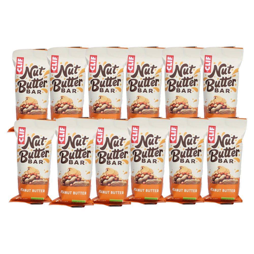 Plusieurs paquets de CLIF Nut Butter Bar, saveur beurre de cacahuète. Emballage avec image du produit et texte.