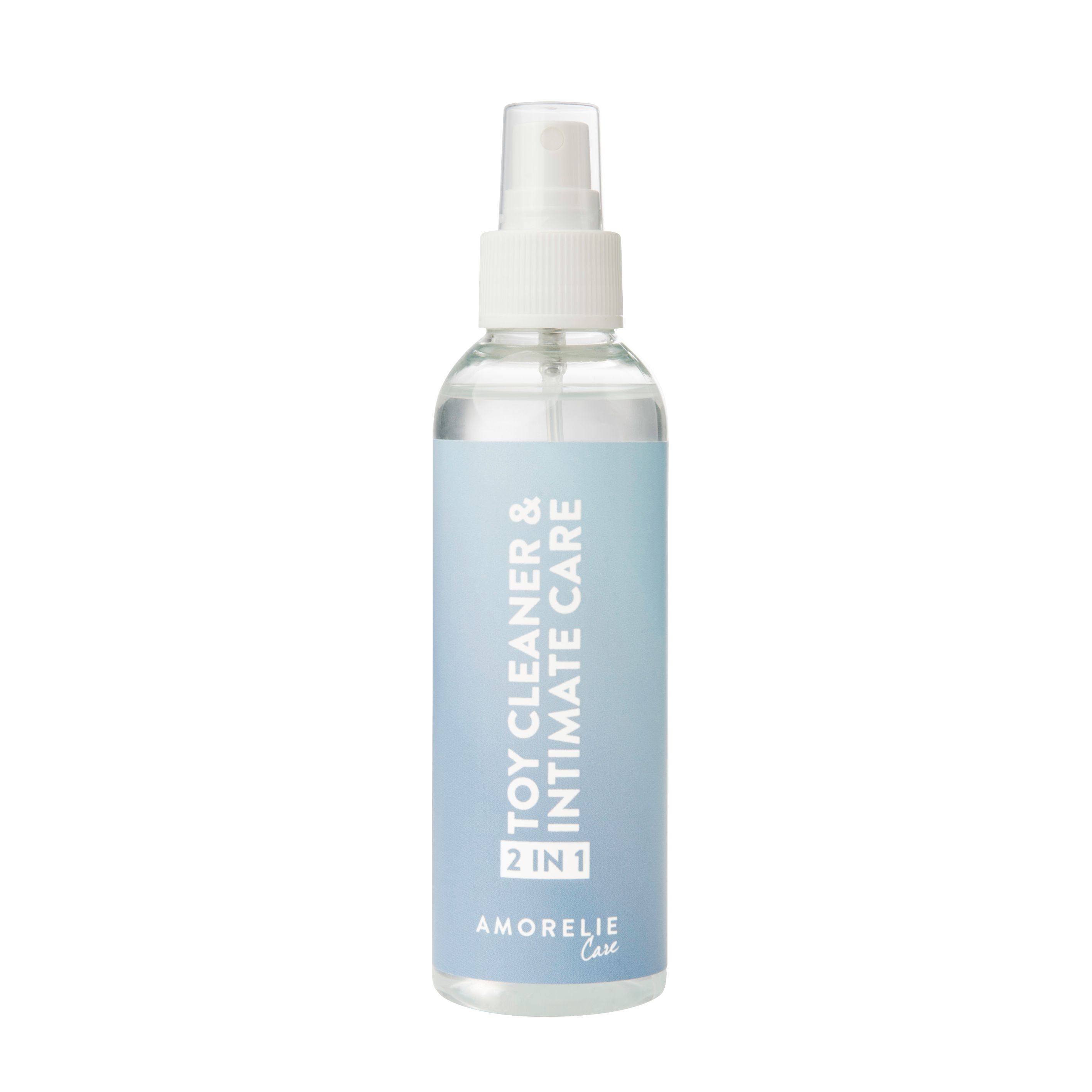 Flacon avec vaporisateur. Inscription : TOY CLEANER & INTIMATE CARE 2 EN 1. Marque : AMORELIE Care.