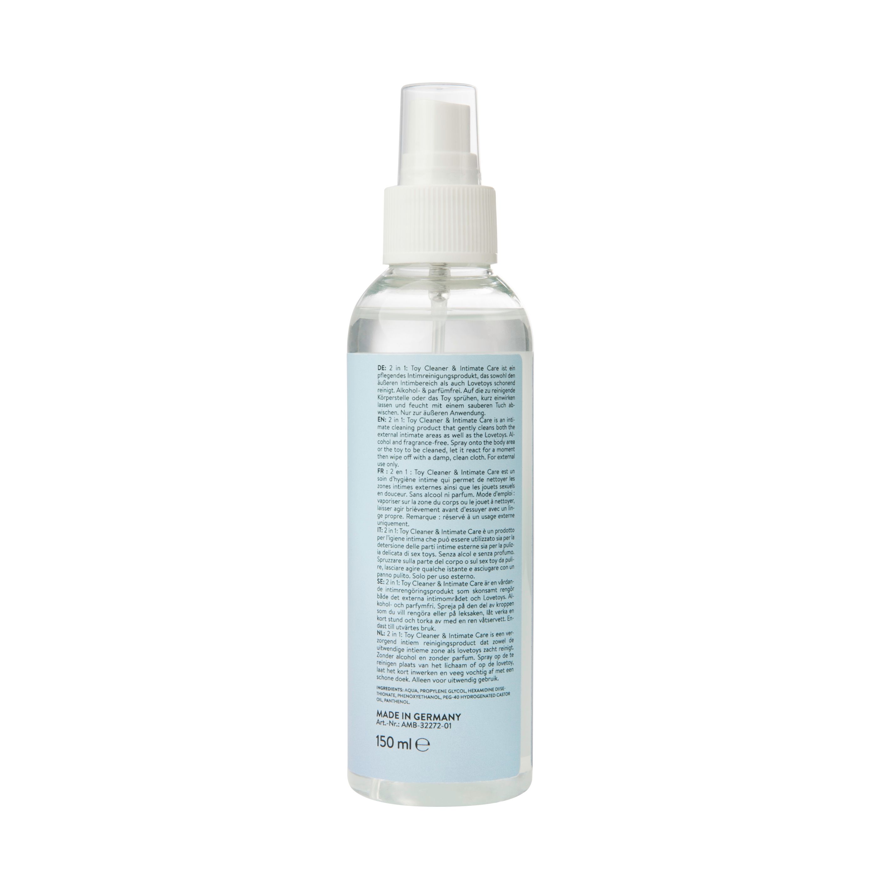 Dos du flacon. Texte multilingue. Inscription : MADE IN GERMANY. Volume : 150 ml.