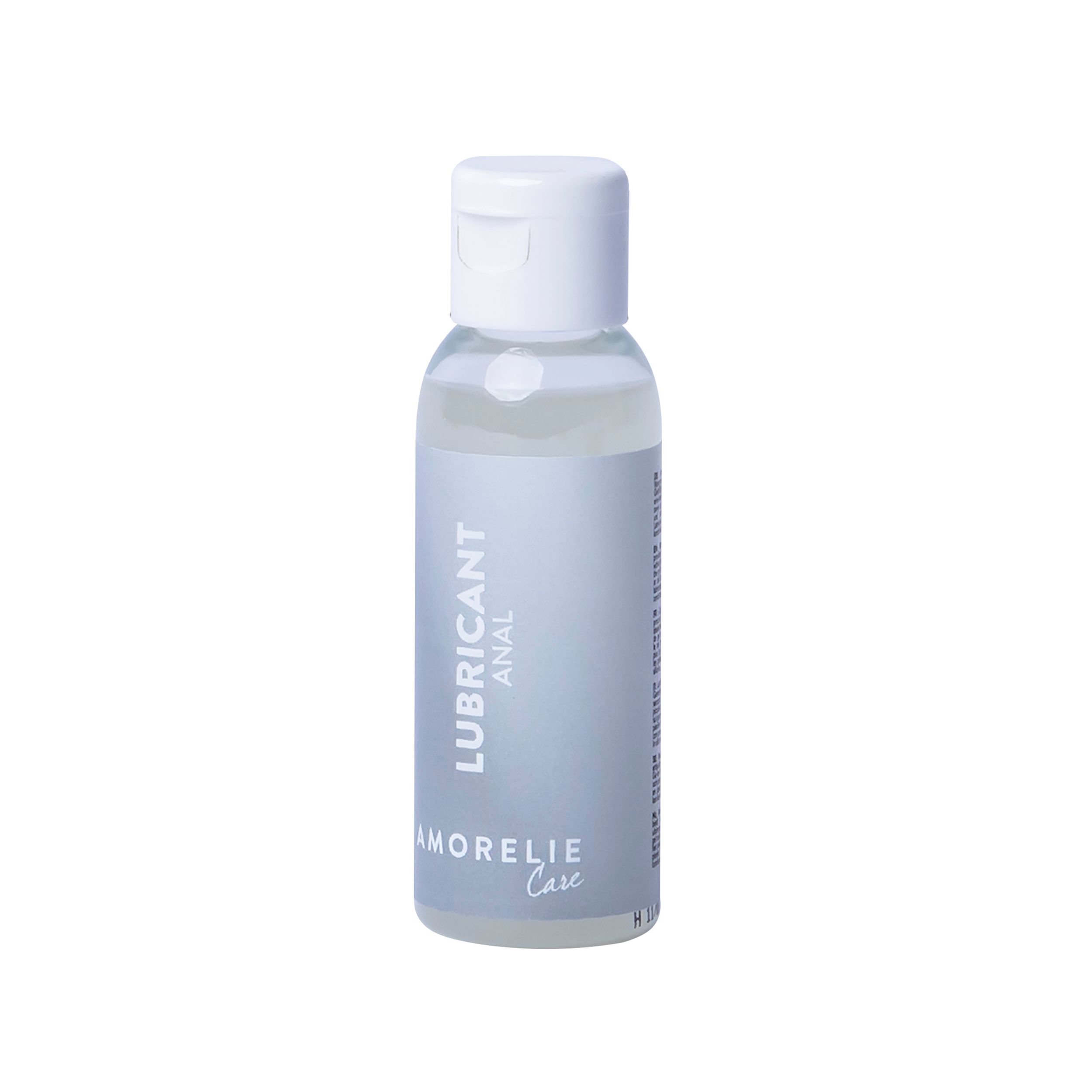Gel lubrifiant clair en flacon à bouchon blanc. Inscription : LUBRICANT ANAL, AMORELIE Care.