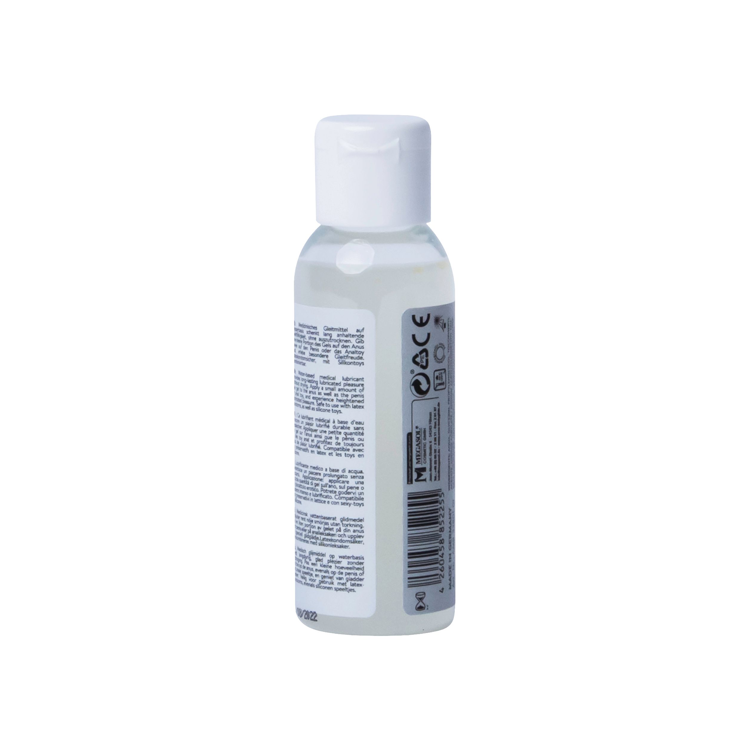 Dos d'un flacon de lubrifiant. Texte et code-barres. Inscription : LUBRICANT ANAL, AMORELIE Care.