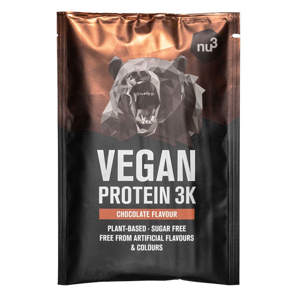 Sachet de nu3 Vegan Protein 3K Schokolade Probierpaket. Illustration d'ours. Texte : Vegan Protein 3K, Chocolate Flavour.
