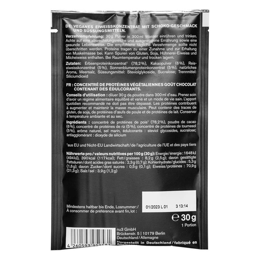 Dos du sachet nu3 Vegan Protein 3K Schokolade Probierpaket. Texte avec ingrédients et valeurs nutritionnelles.