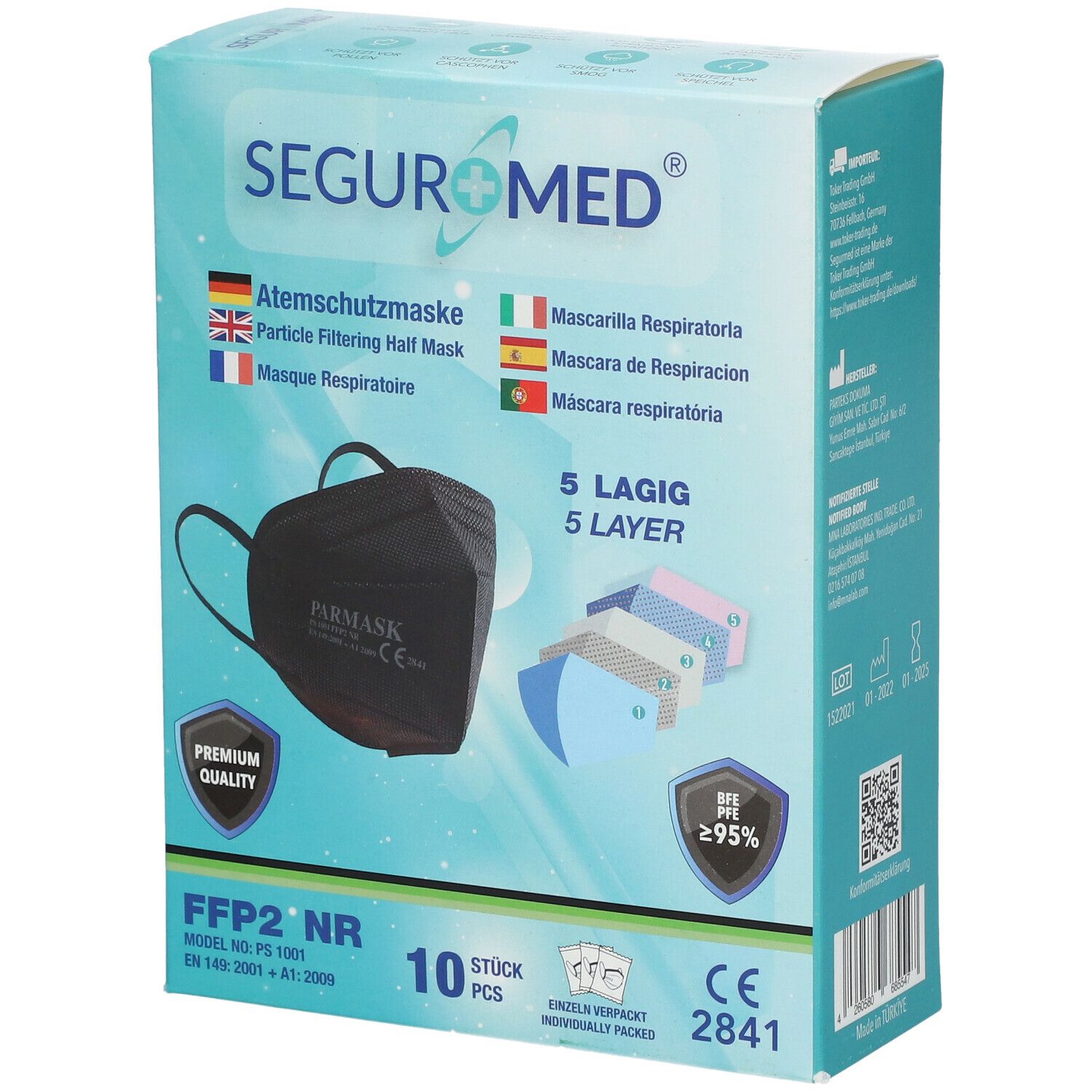 SEGURMED® FFP2 Masque de protection Noir 5 couches 10 pièces