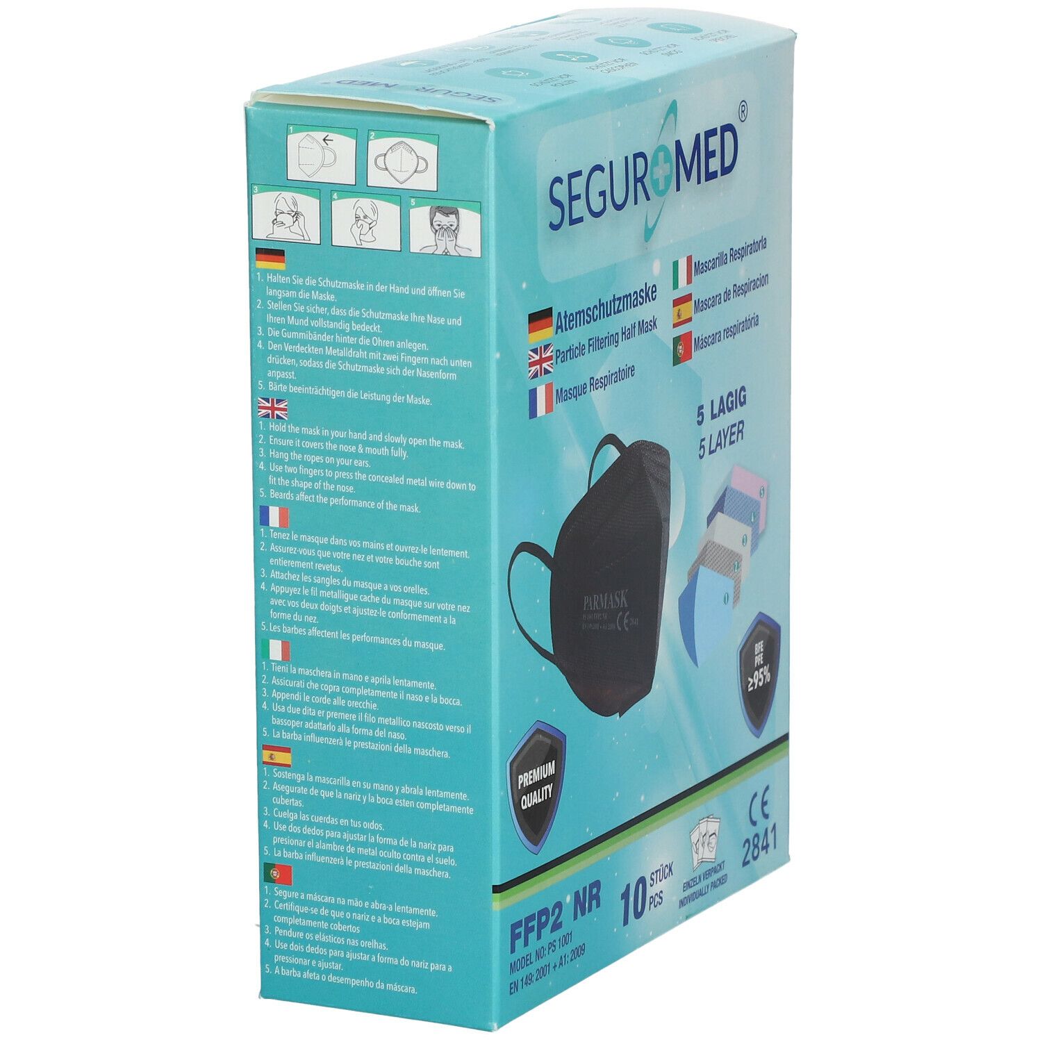 SEGURMED® FFP2 Masque de protection Noir 5 couches 10 pièces
