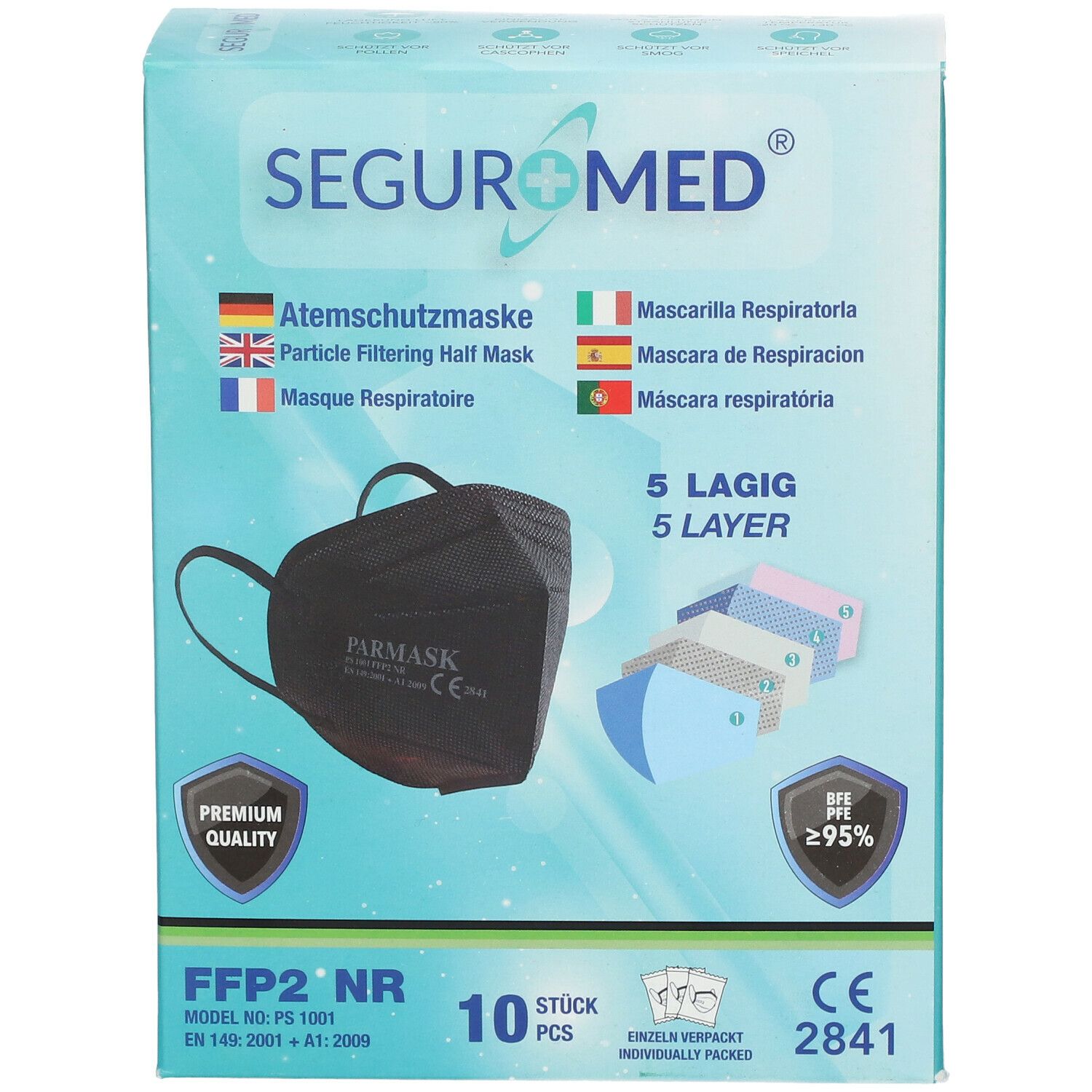 SEGURMED® FFP2 Masque de protection Noir 5 couches 10 pièces