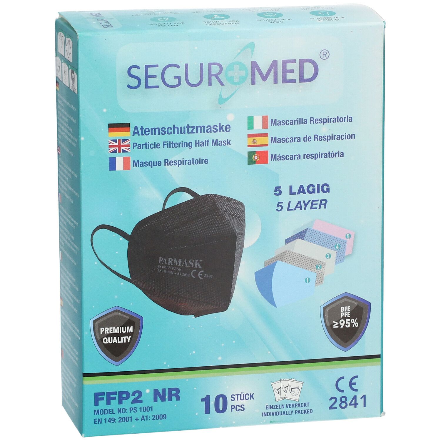 SEGURMED® FFP2 Masque de protection Noir 5 couches 10 pièces