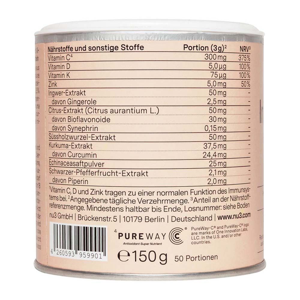 Dos de la boîte. Contient informations nutritionnelles et ingrédients. Marque : Pureway. Poids : 150g, 50 portions.
