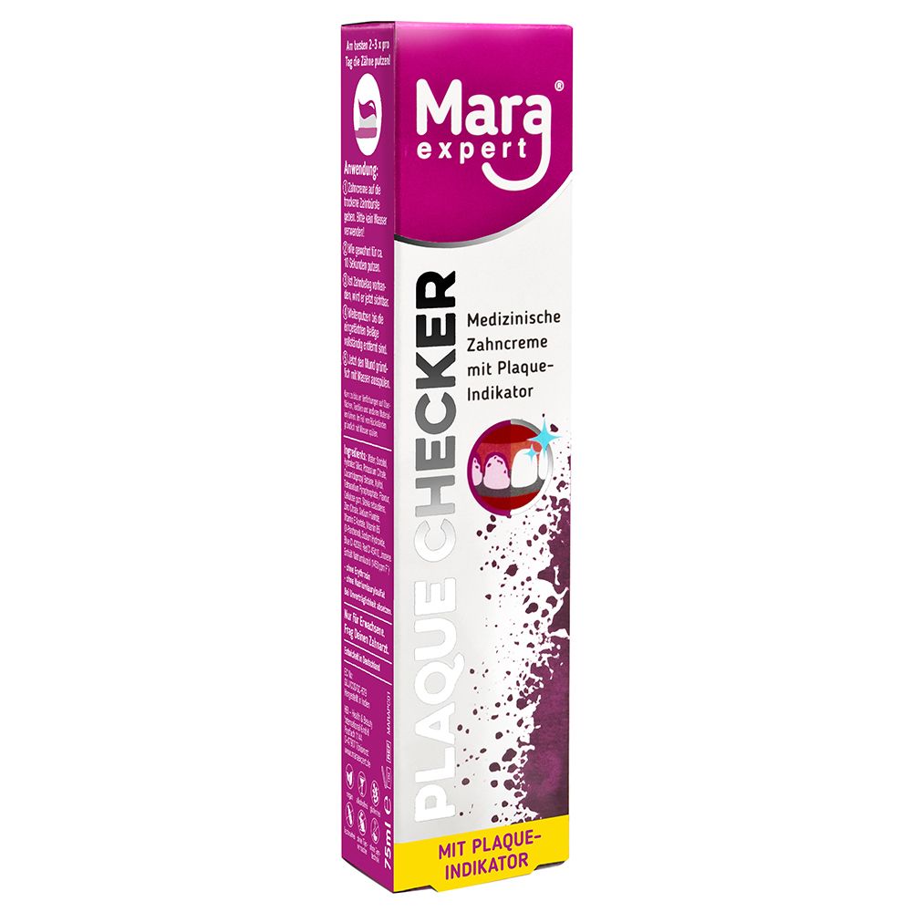 Tube de dentifrice Mara expert Plaque Checker. Dentifrice médical avec indicateur de plaque. Design rose et blanc.