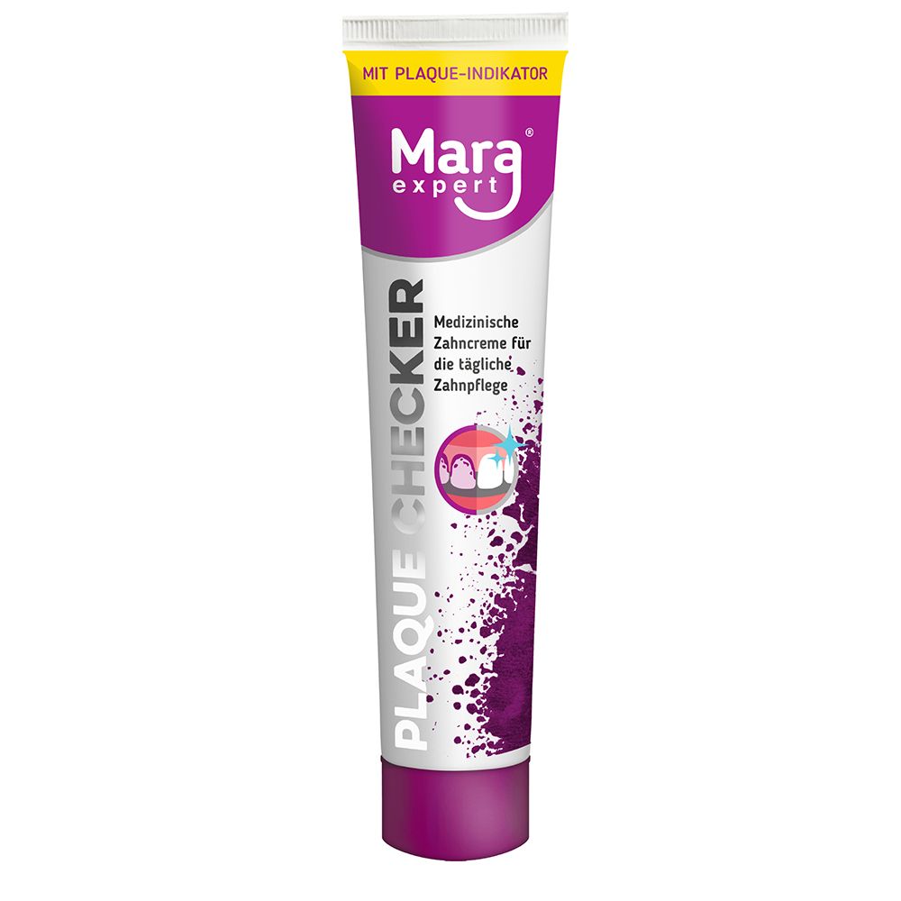 Tube de dentifrice Mara expert Plaque Checker. Dentifrice médical pour le soin quotidien des dents. Design blanc et violet.