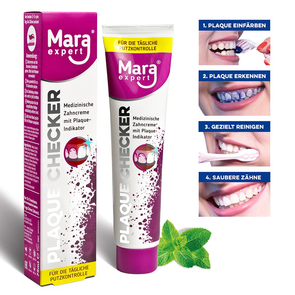 Tube et boîte de dentifrice Mara expert Plaque Checker. Dentifrice médical avec indicateur de plaque. Instructions.