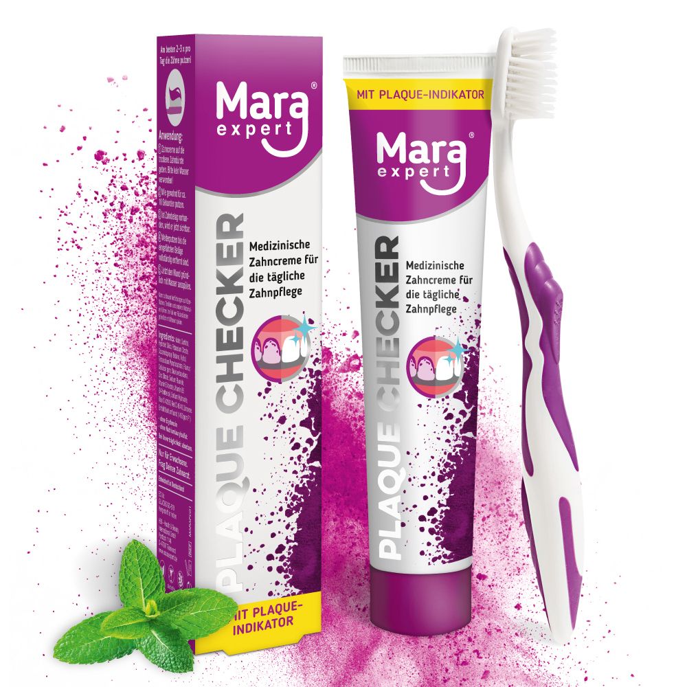 Tube de dentifrice, boîte et brosse à dents. Mara expert Plaque Checker. Dentifrice médical pour le soin quotidien.