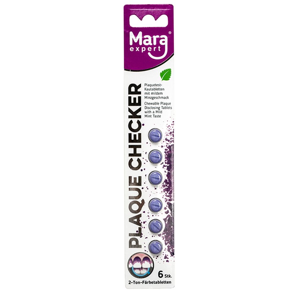 Paquet de 6 comprimés. Comprimés violets en blister. Inscription : Mara expert Plaque Checker.