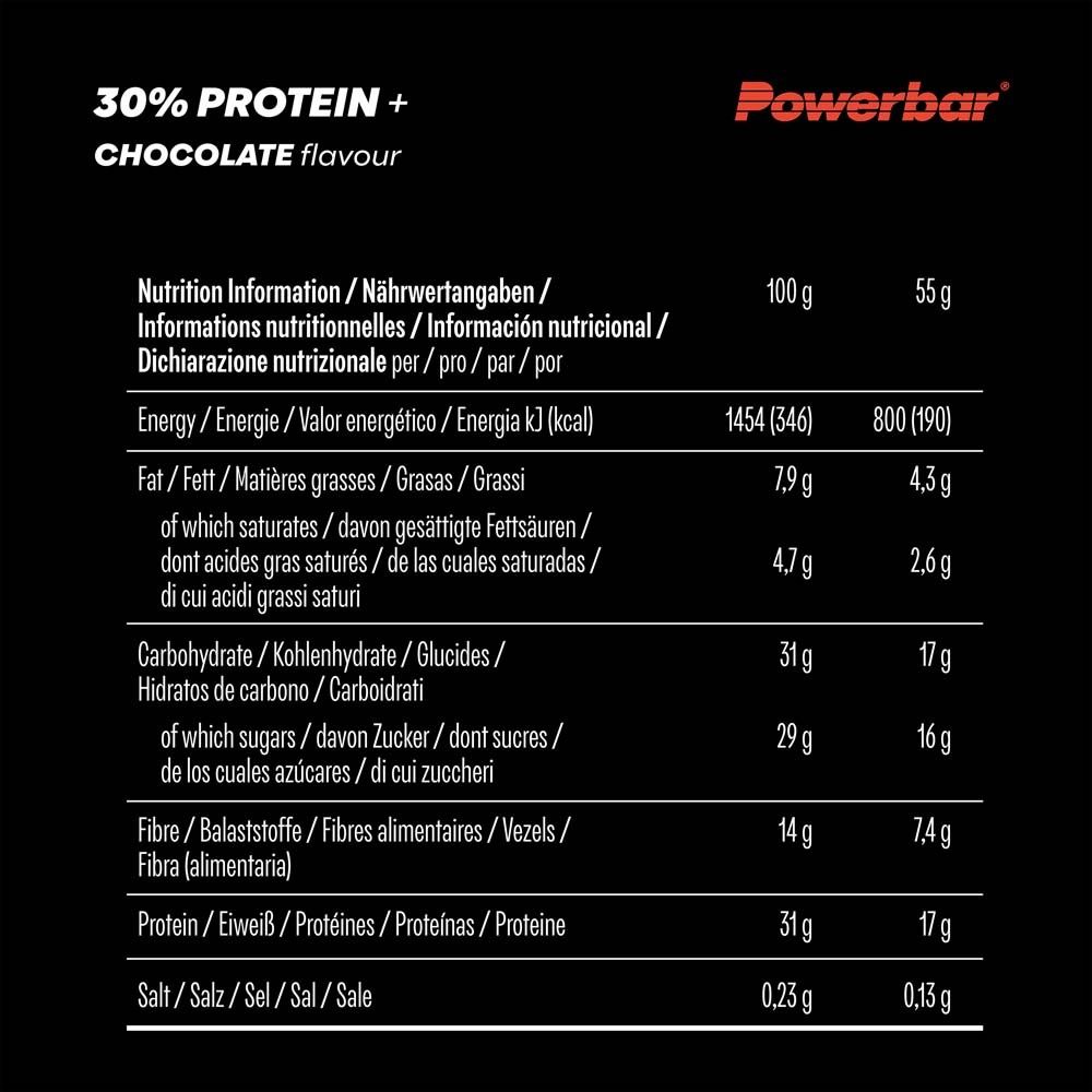 Informations nutritionnelles pour PowerBar 30% Protein Plus Chocolate. Fond noir. Tableau des valeurs nutritionnelles en allemand, anglais, italien.