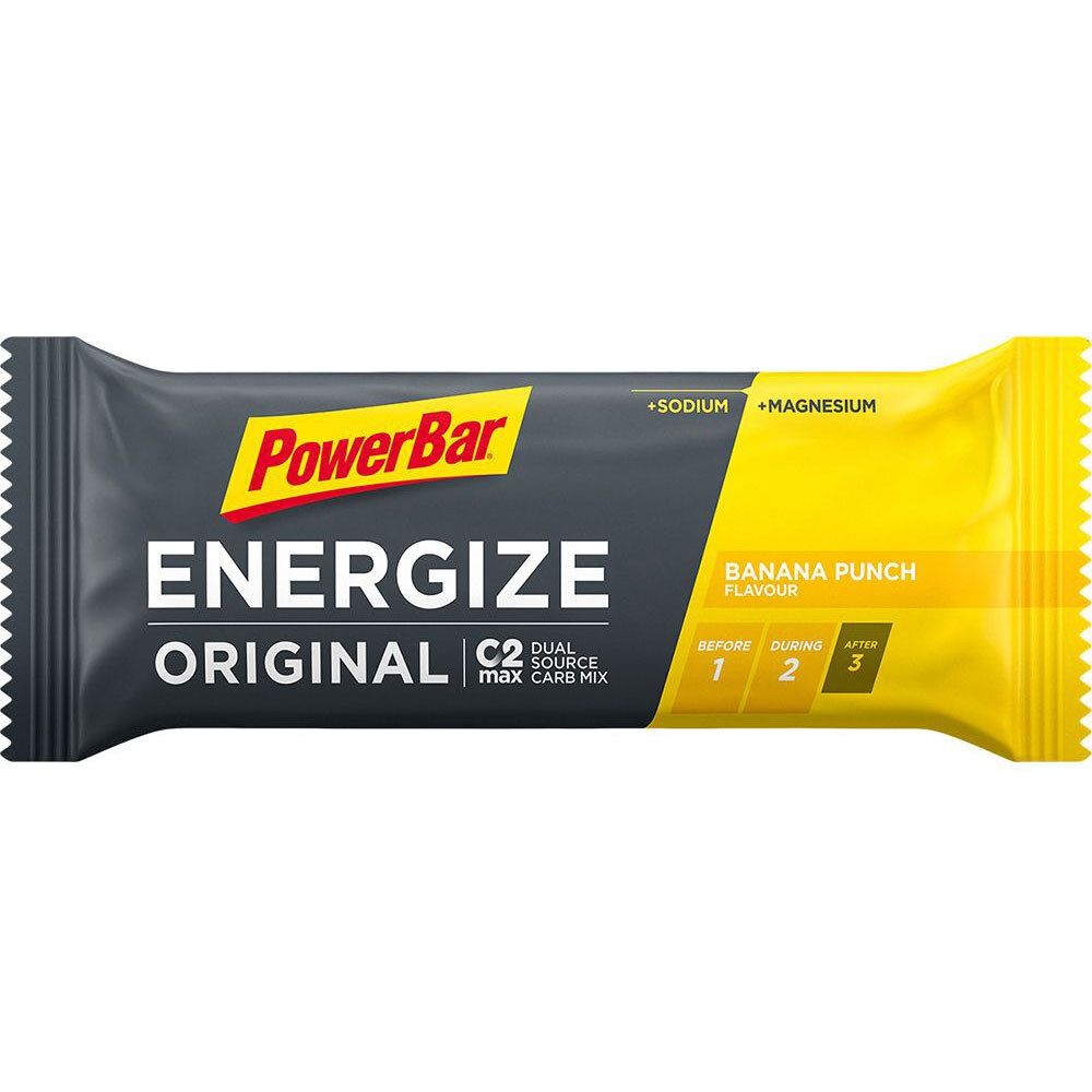 Barre énergétique PowerBar Energize Original. Emballage jaune et gris. Inscription : Banana Punch, sodium, magnésium.