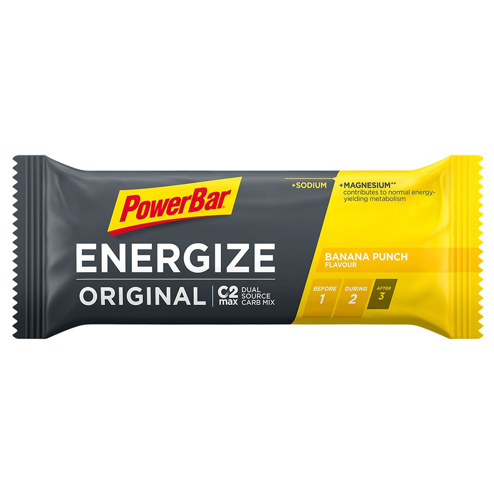 Barre énergétique PowerBar Energize Original. Emballage jaune et gris. Inscription : Banana Punch, sodium, magnésium.