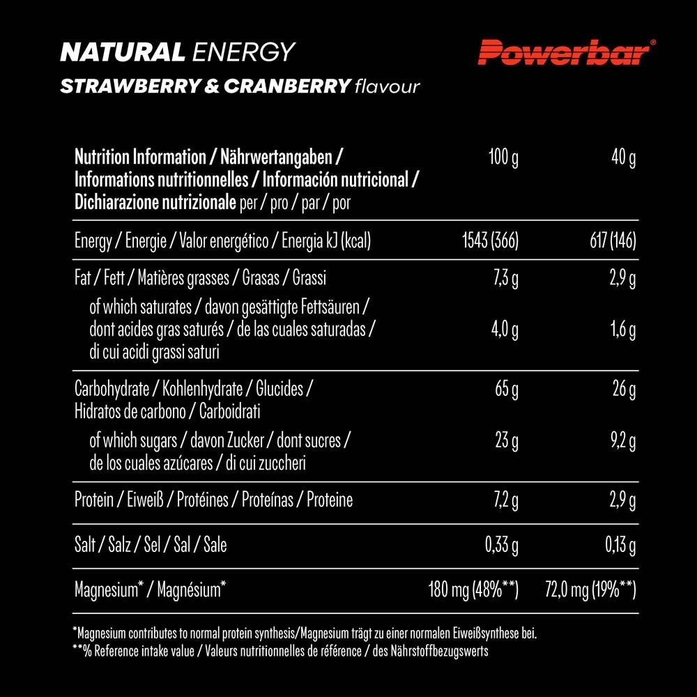 Informations nutritionnelles pour PowerBar Natural Energy, fraise-canneberge. Tableau avec valeurs pour 100g et 40g. Fond noir.
