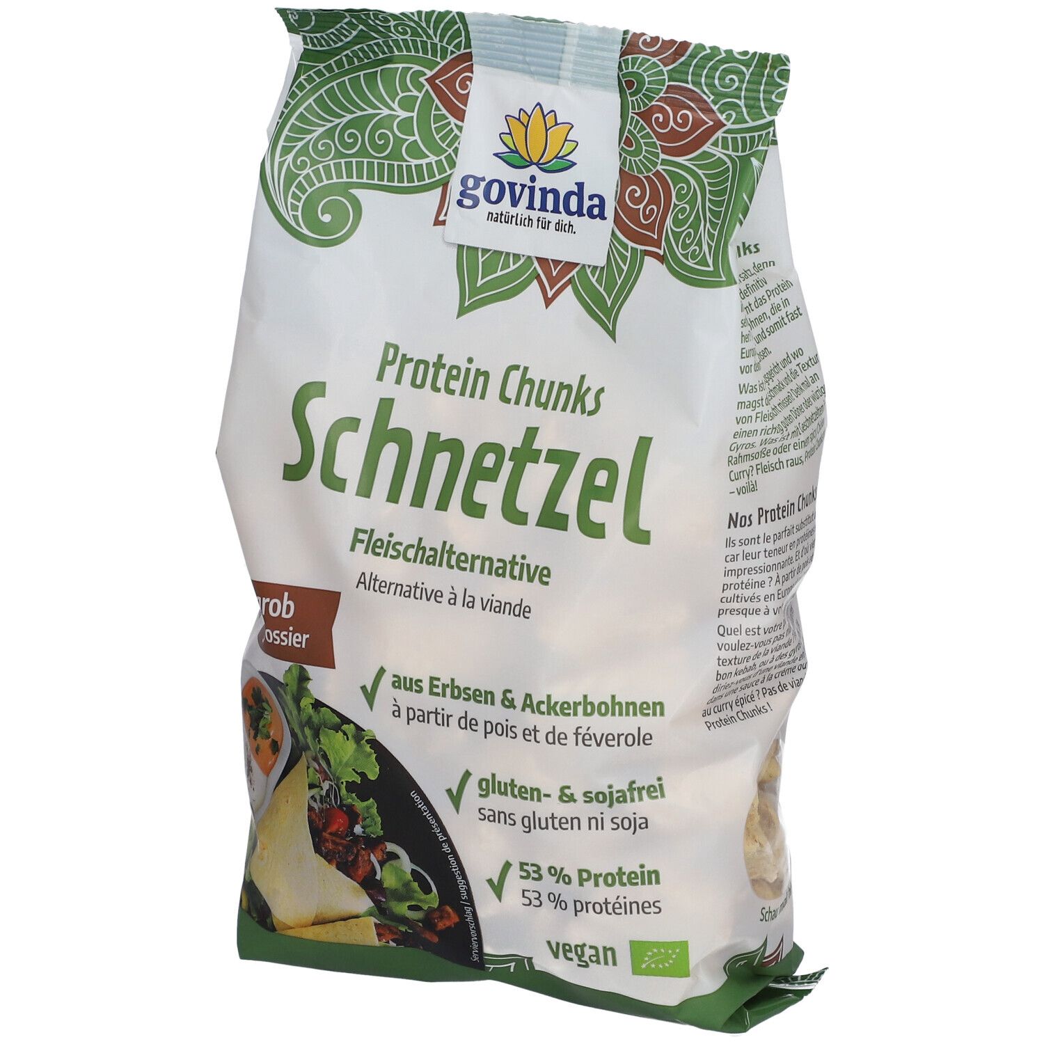 Paquet de Protein Chunks Schnetzel Govinda. Alternative à la viande. Contient pois, féveroles, sans gluten ni soja. 53% protéines.