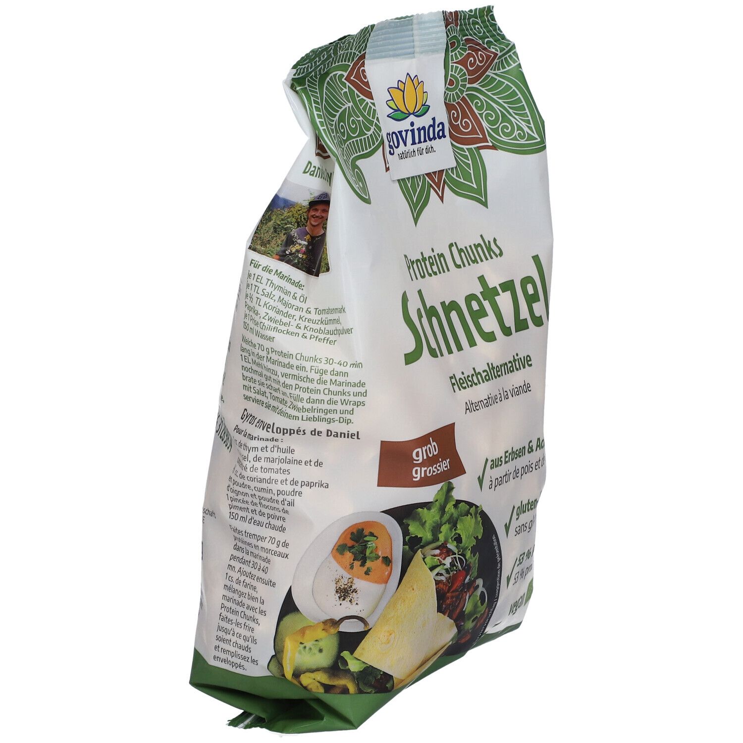 Paquet de Protein Chunks Schnetzel Govinda. Alternative à la viande. Contient pois, féveroles, sans gluten ni soja. 53% protéines.