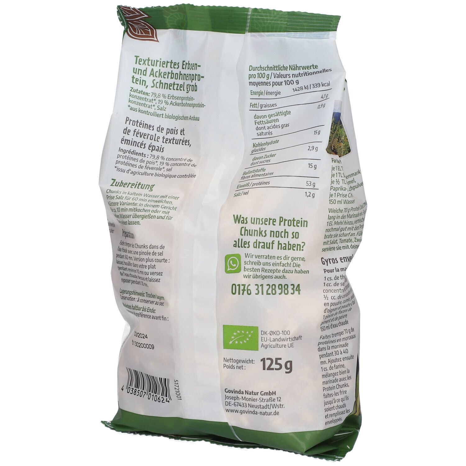 Dos du paquet de Protein Chunks Schnetzel Govinda. Informations nutritionnelles, ingrédients, préparation et contact.