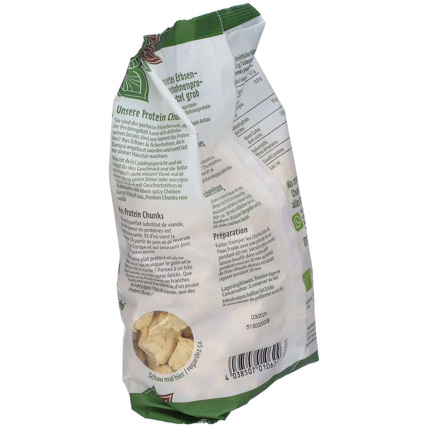 Paquet de Protein Chunks Schnetzel Govinda. Alternative à la viande en cubes. Informations sur les ingrédients et la préparation.