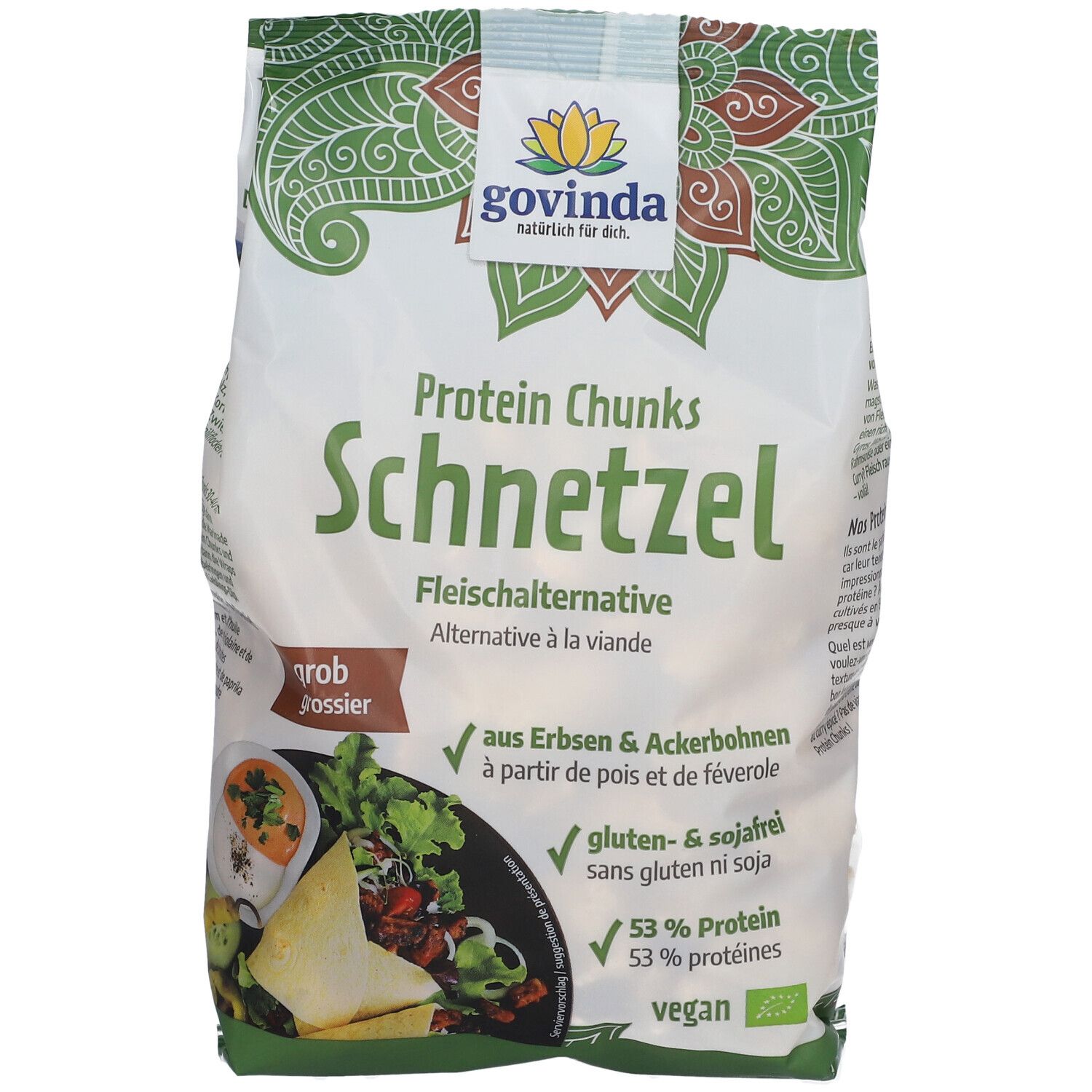 Paquet de Protein Chunks Schnetzel Govinda. Alternative à la viande. Contient pois, féveroles, sans gluten ni soja. 53% protéines.