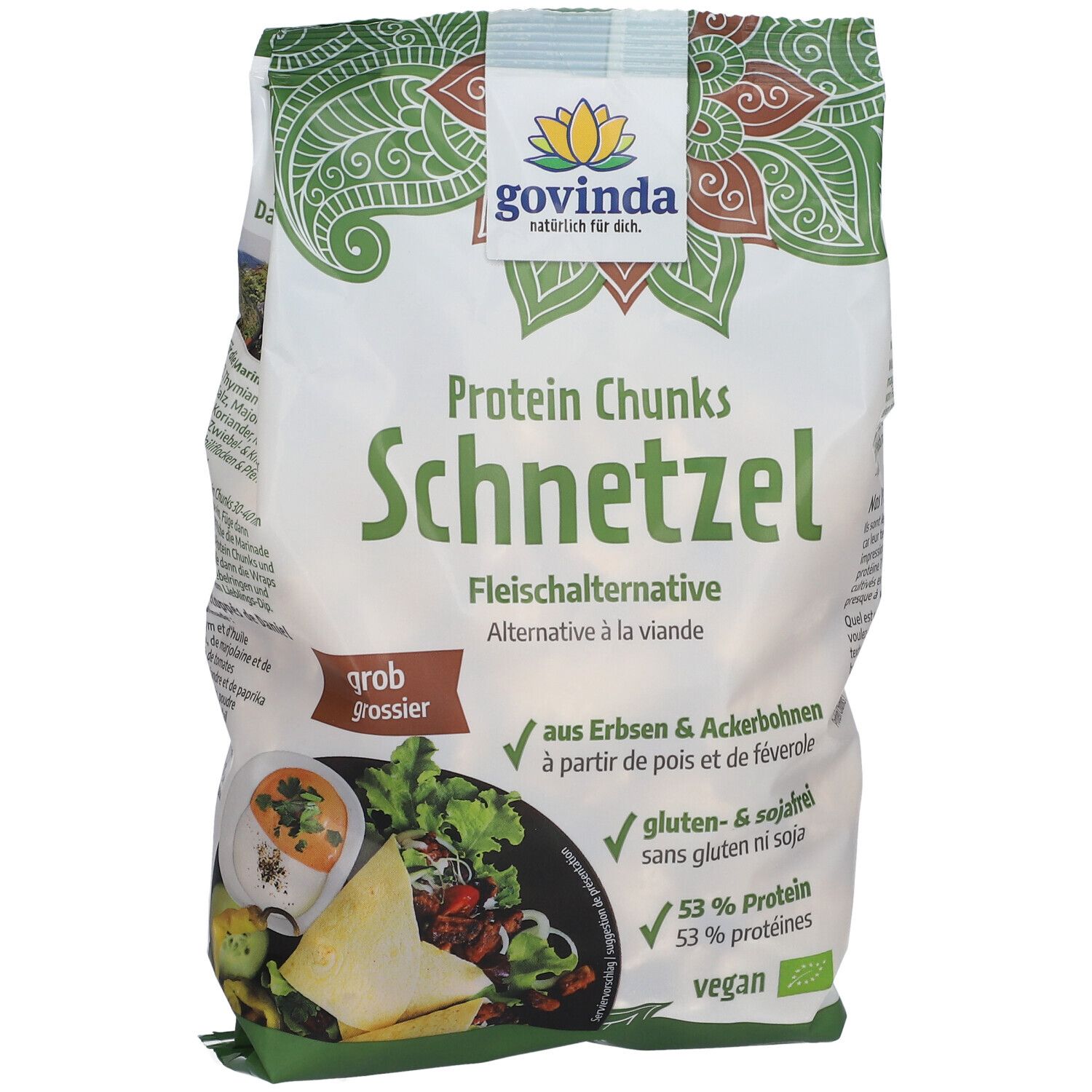 Paquet de Protein Chunks Schnetzel Govinda. Alternative à la viande. Contient pois, féveroles, sans gluten ni soja. 53% protéines.