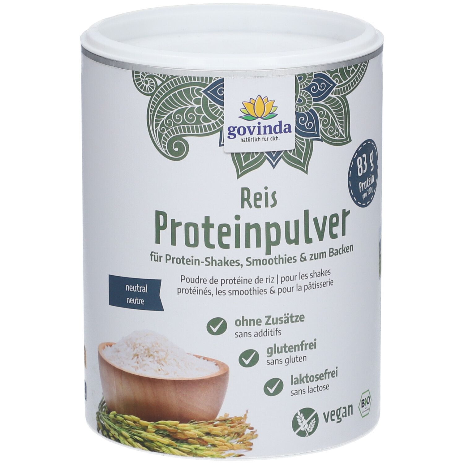 Boîte de poudre de protéine de riz Govinda blanche. Inscription : Reis Proteinpulver, sans additifs, sans gluten, sans lactose, vegan. 83g protéines.
