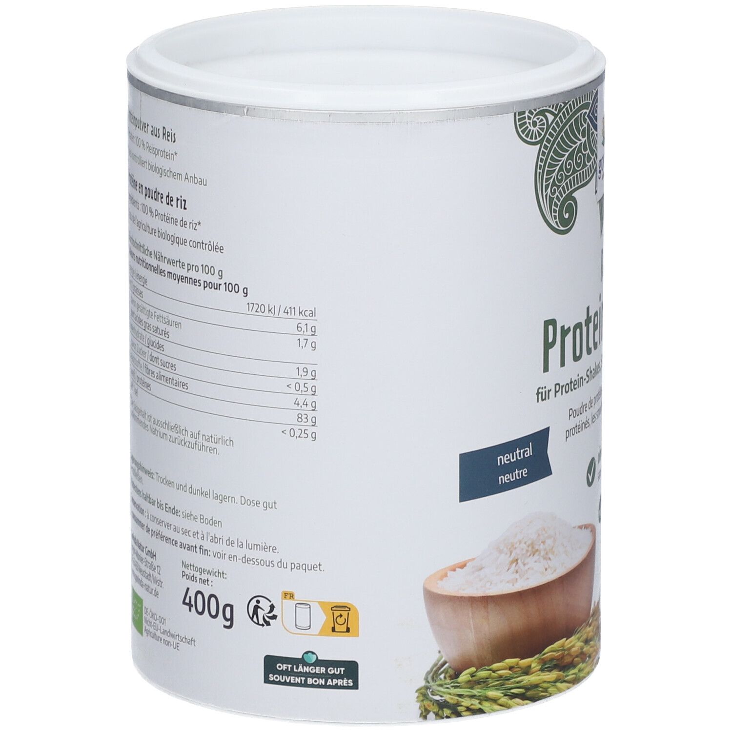 Boîte blanche de poudre de protéine de riz Govinda. Inscription : 400g, informations nutritionnelles, ingrédients. Label bio. Image : riz dans un bol.