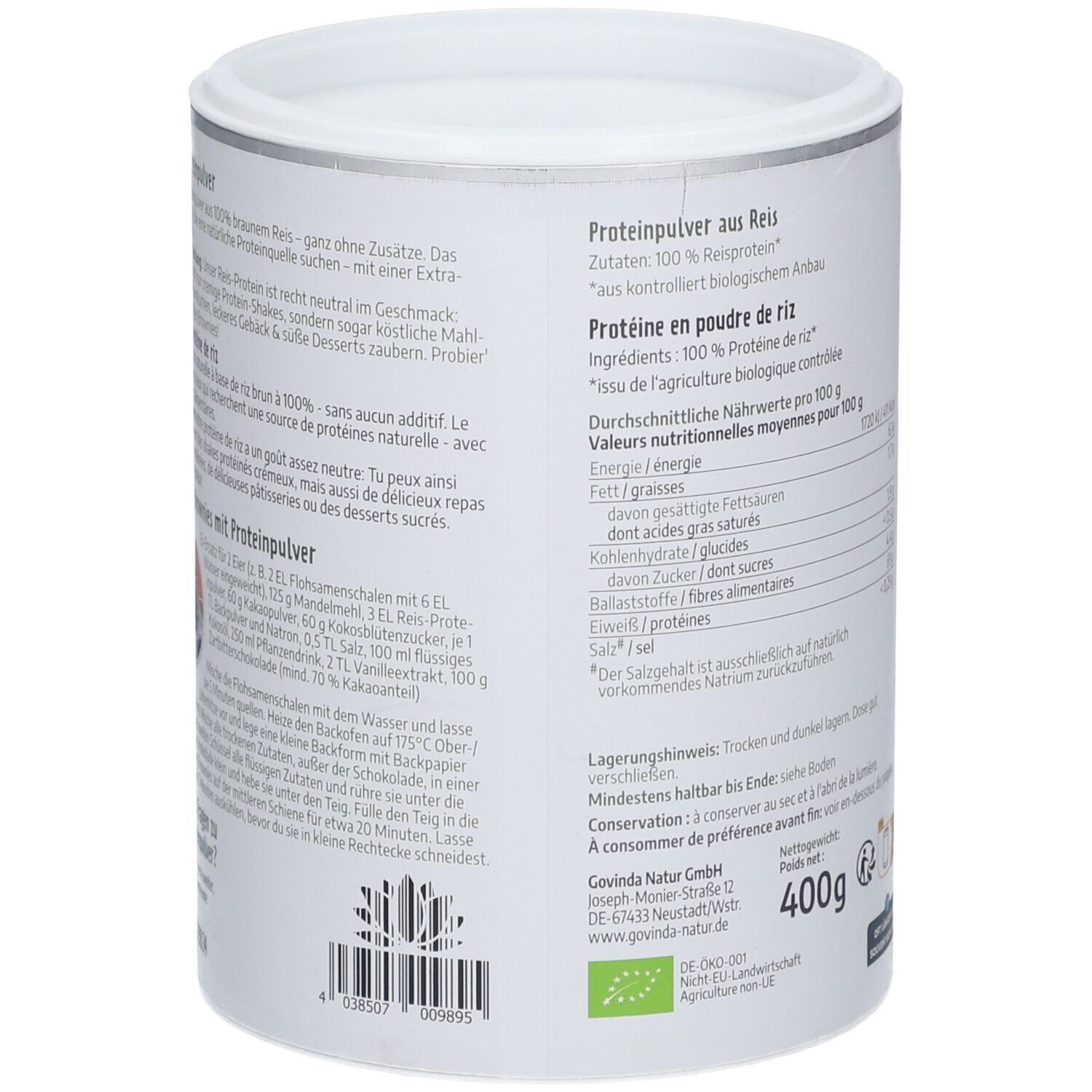 Boîte blanche de poudre de protéine de riz Govinda. Inscription : 400g, informations nutritionnelles, ingrédients. Label bio. Texte en allemand et français.