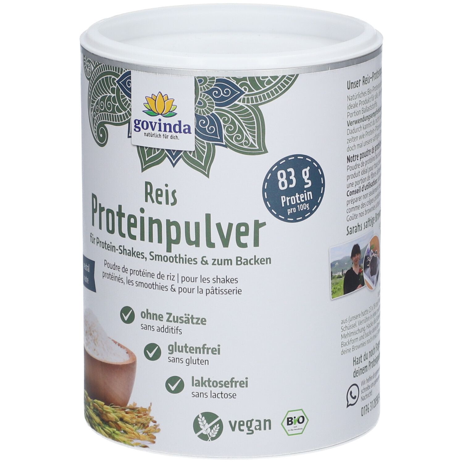 Boîte de poudre de protéine de riz Govinda blanche. Inscription : Reis Proteinpulver, sans additifs, sans gluten, sans lactose, vegan. 83g protéines.