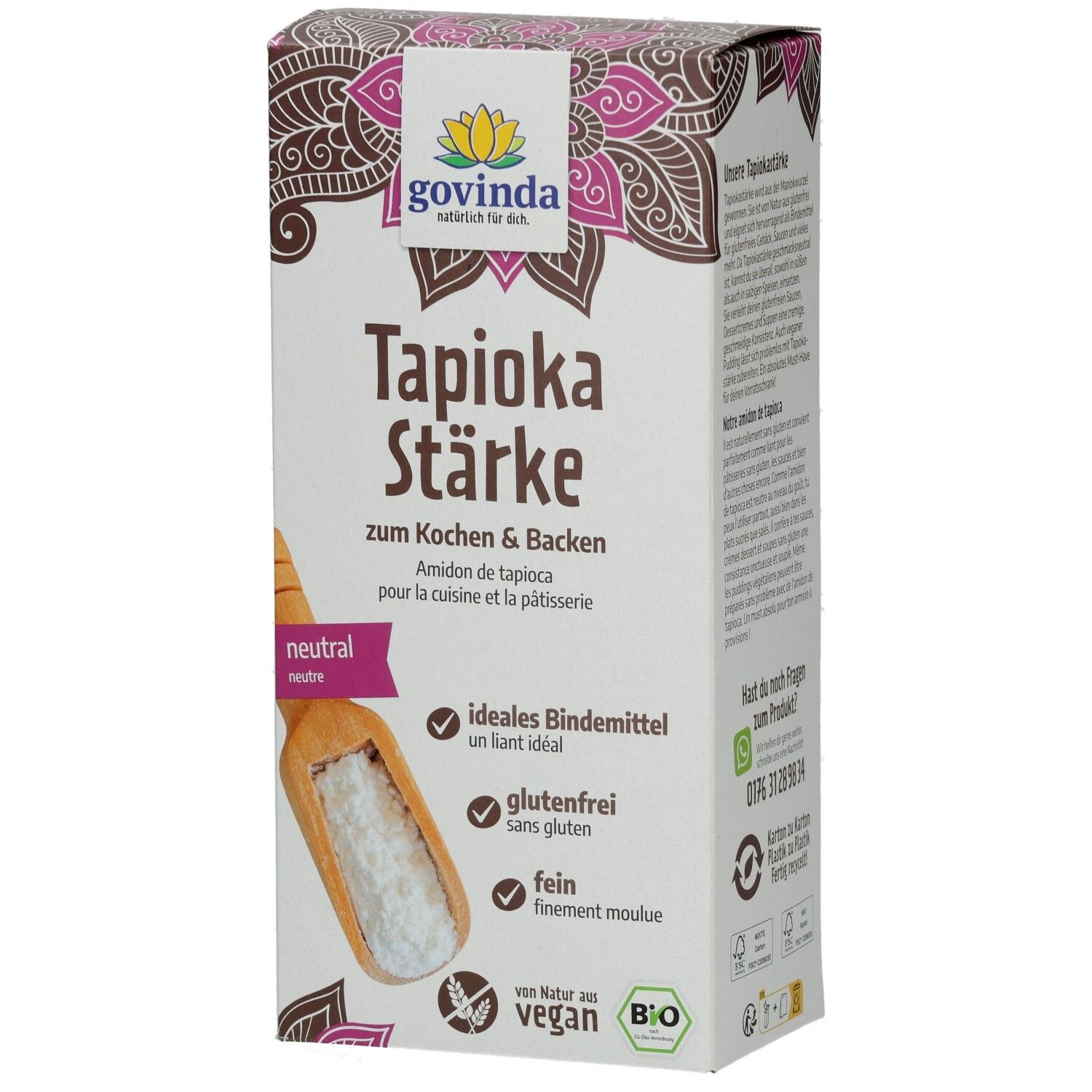 Boîte de fécule de tapioca Govinda. Inscriptions : fécule de tapioca, neutre, sans gluten, végétalien, liant idéal.