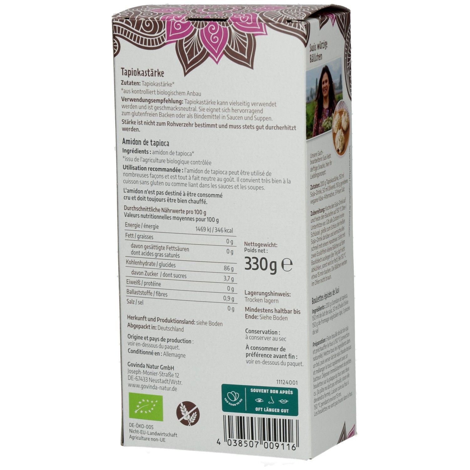Dos de l'emballage de fécule de tapioca. Informations sur les ingrédients, la valeur nutritionnelle et le poids (330g). Label bio.