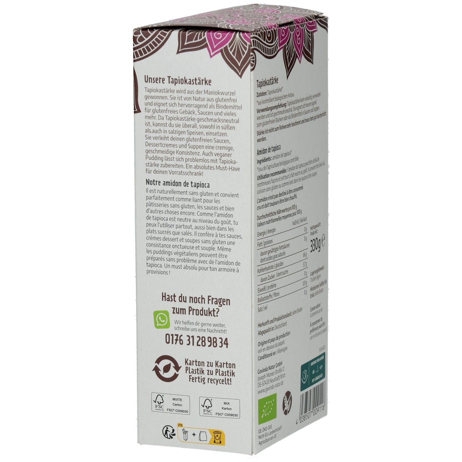 Dos de l'emballage de fécule de tapioca. Informations sur les ingrédients, la valeur nutritionnelle et le poids (330g). Label bio.