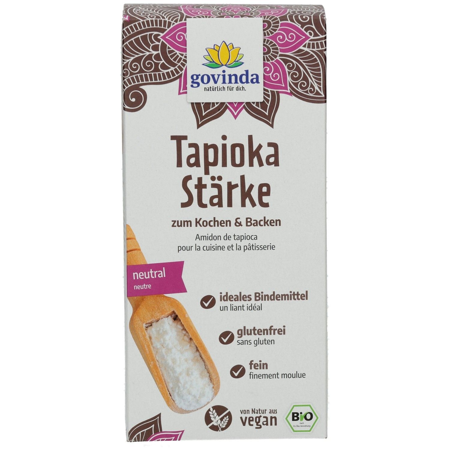 Boîte de fécule de tapioca Govinda. Inscriptions : fécule de tapioca, neutre, sans gluten, végétalien, liant idéal.