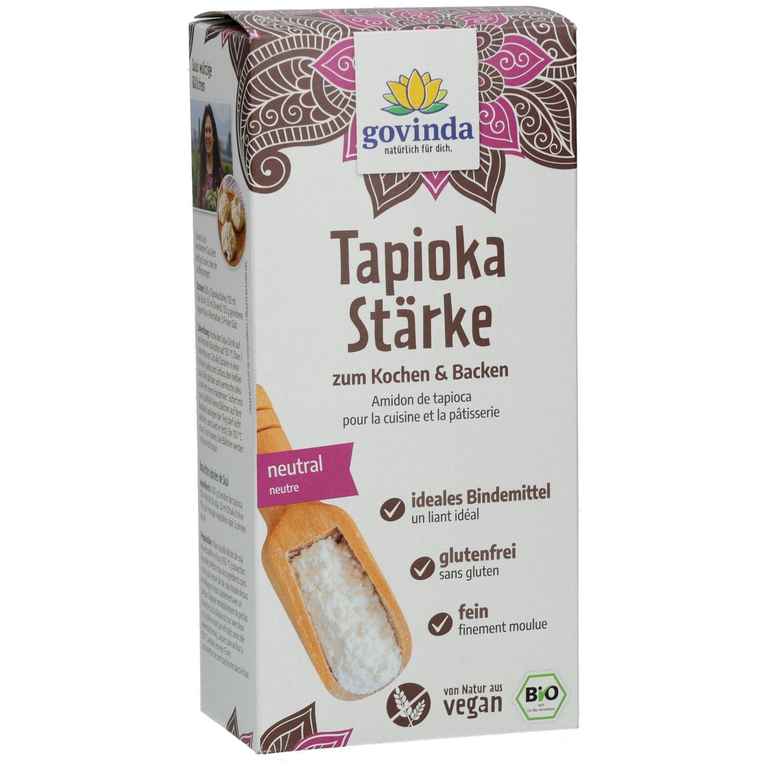 Boîte de fécule de tapioca Govinda. Inscriptions : fécule de tapioca, neutre, sans gluten, végétalien, liant idéal.