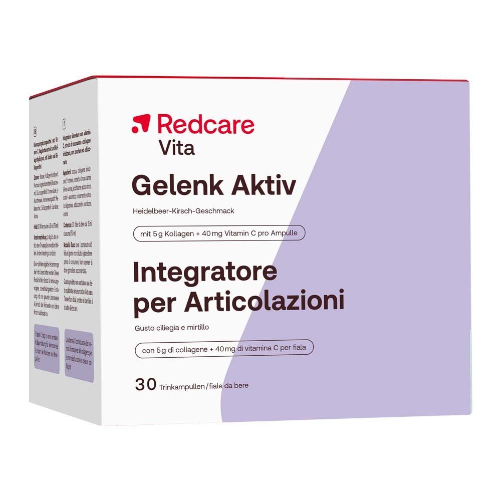 Paquet Redcare Vita Gelenk Aktiv avec 30 ampoules à boire. Contient du collagène et de la vitamine C.