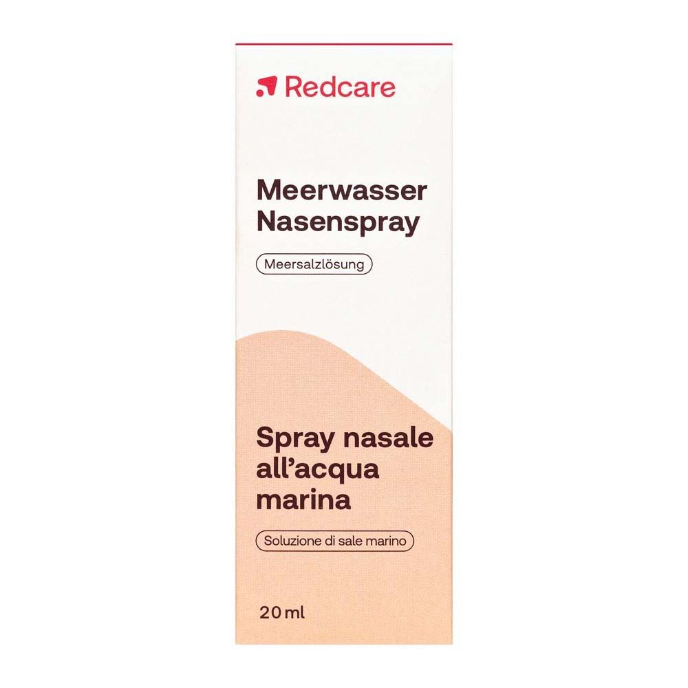 Boîte de spray nasal. Carton blanc avec logo Redcare rouge et nom du produit. Meerwasser-Nasenspray.