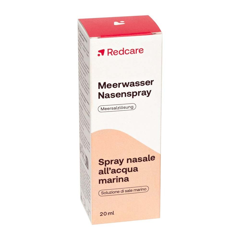 Boîte de spray nasal. Carton blanc avec logo Redcare rouge et nom du produit. Meerwasser-Nasenspray.