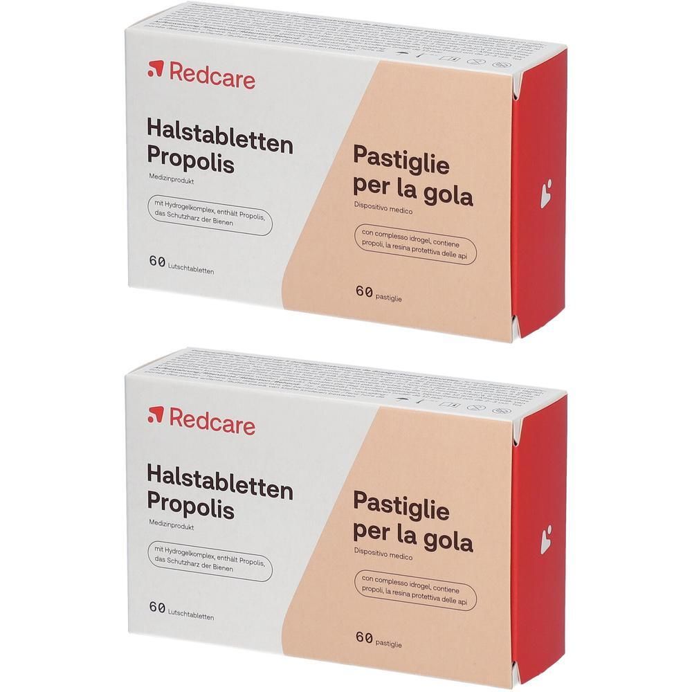 Deux boîtes de pastilles pour la gorge Redcare Propolis, 60 pastilles par boîte.