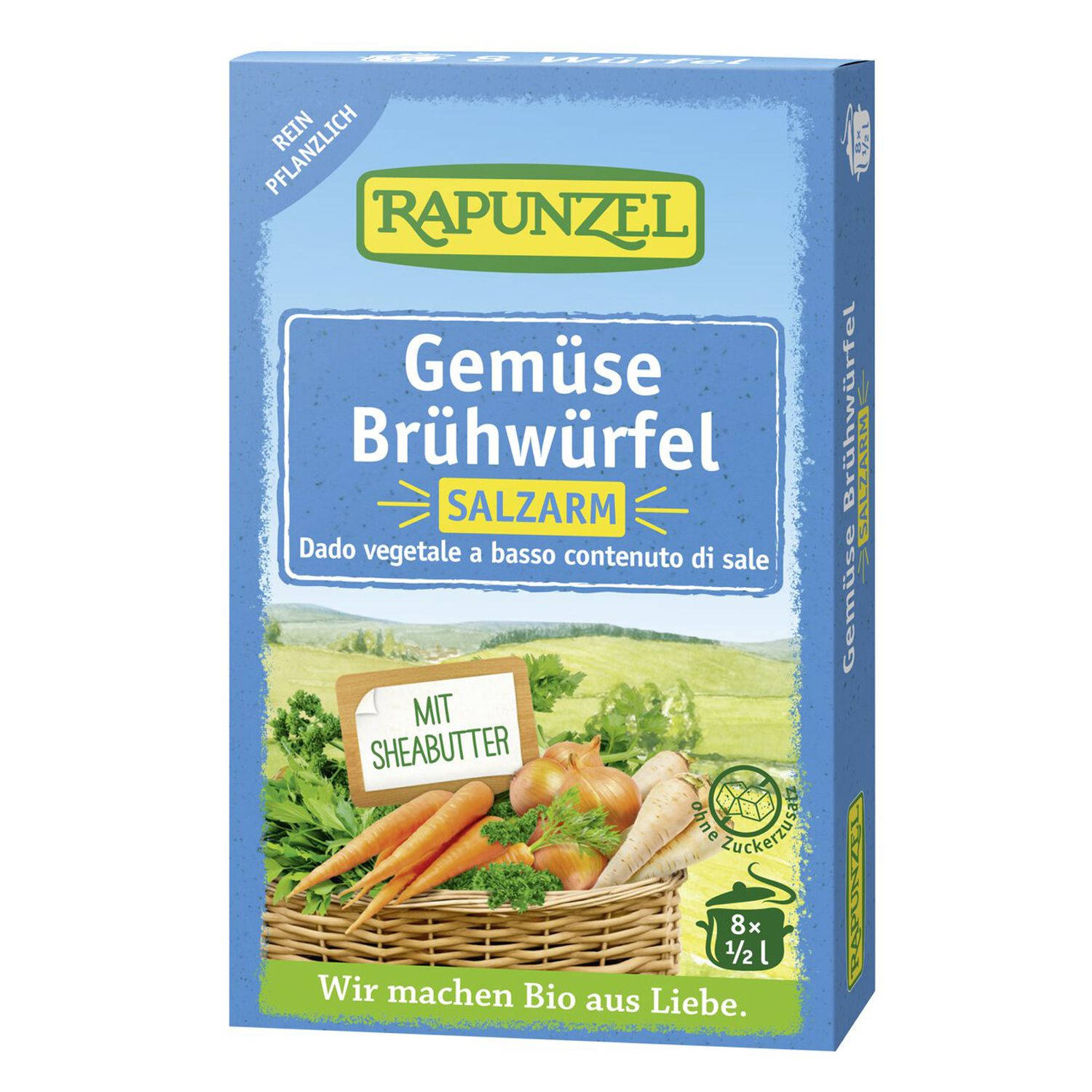 Boîte bleu-jaune de cubes de bouillon de légumes. Texte : SALZARM, Dado vegetale a basso contenuto di sale. Illustration de légumes.