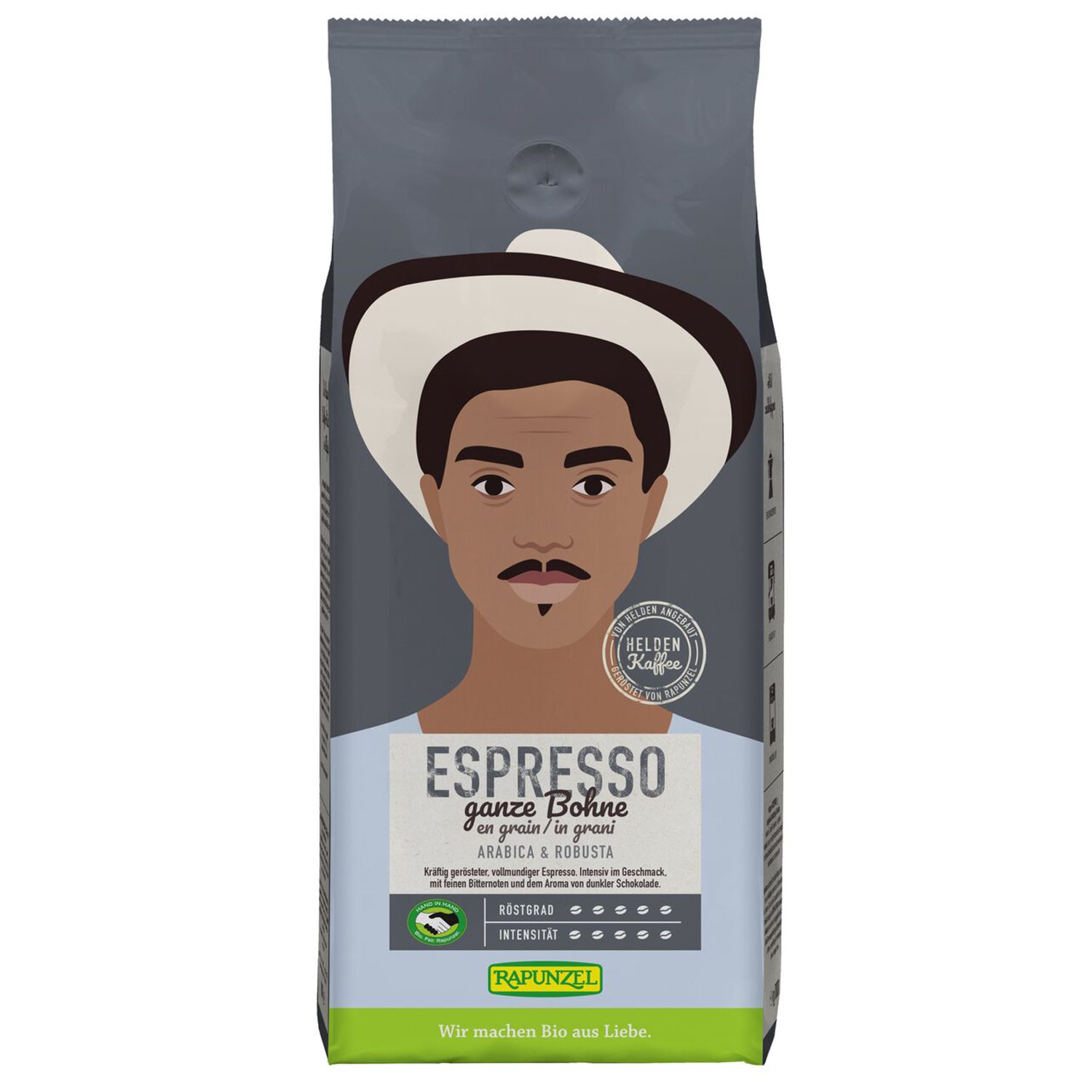 Paquet de grains de café Espresso. Impression d'un homme avec un chapeau. Texte : Espresso, grains entiers, Arabica & Robusta. Marque : RAPUNZEL.