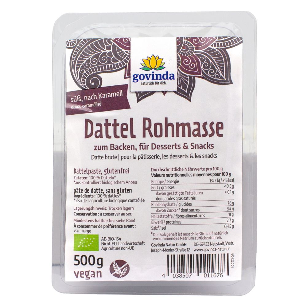 Govinda Dattel Rohmasse, emballage transparent. Inscriptions: Dattel Rohmasse, vegan, label bio, informations nutritionnelles, 500g.