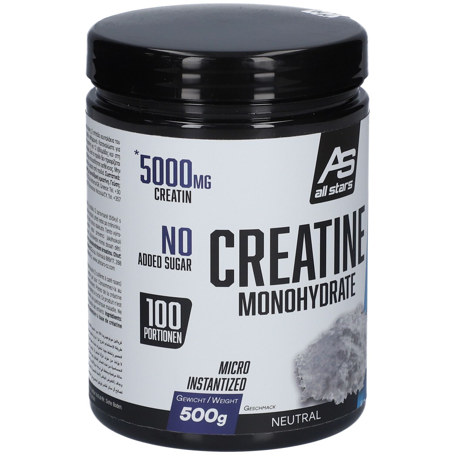 Pot noir "Creatine Monohydrate" All Stars. Contient 500g, 100 portions, 5000mg créatine, sans sucre ajouté.