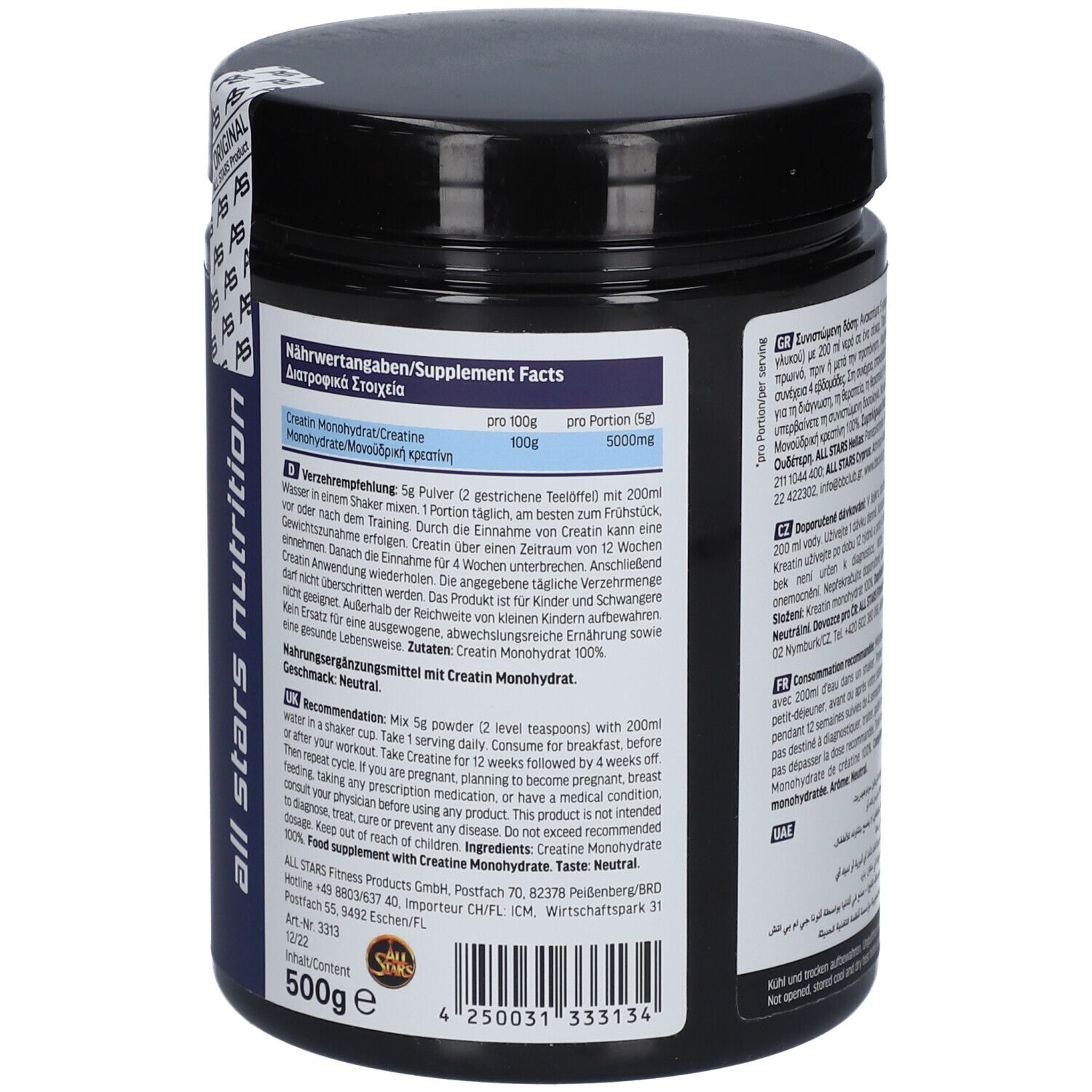 Dos d'un pot noir "Creatine Monohydrate" avec informations nutritionnelles. Contient 500g, logo All Stars Nutrition.
