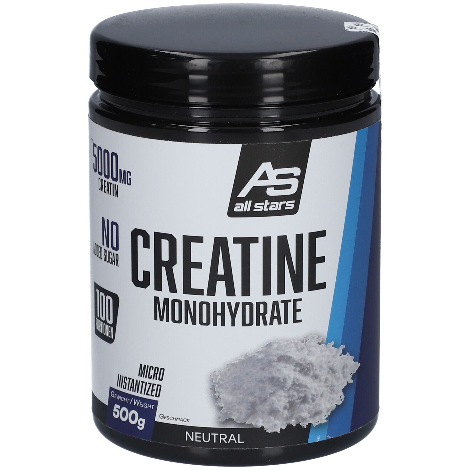 Pot noir "Creatine Monohydrate" All Stars. Contient 500g, 100 portions, 5000mg créatine, sans sucre ajouté.