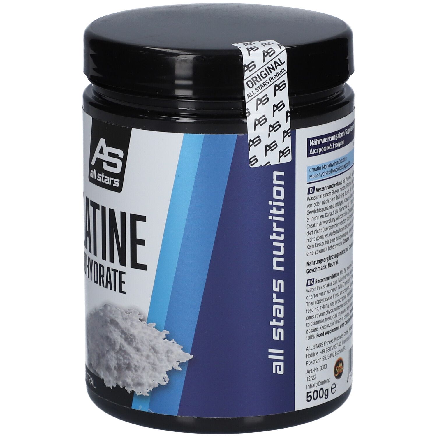Pot noir "Creatine Monohydrate" All Stars. Contient 500g, logo All Stars Nutrition, sceau.